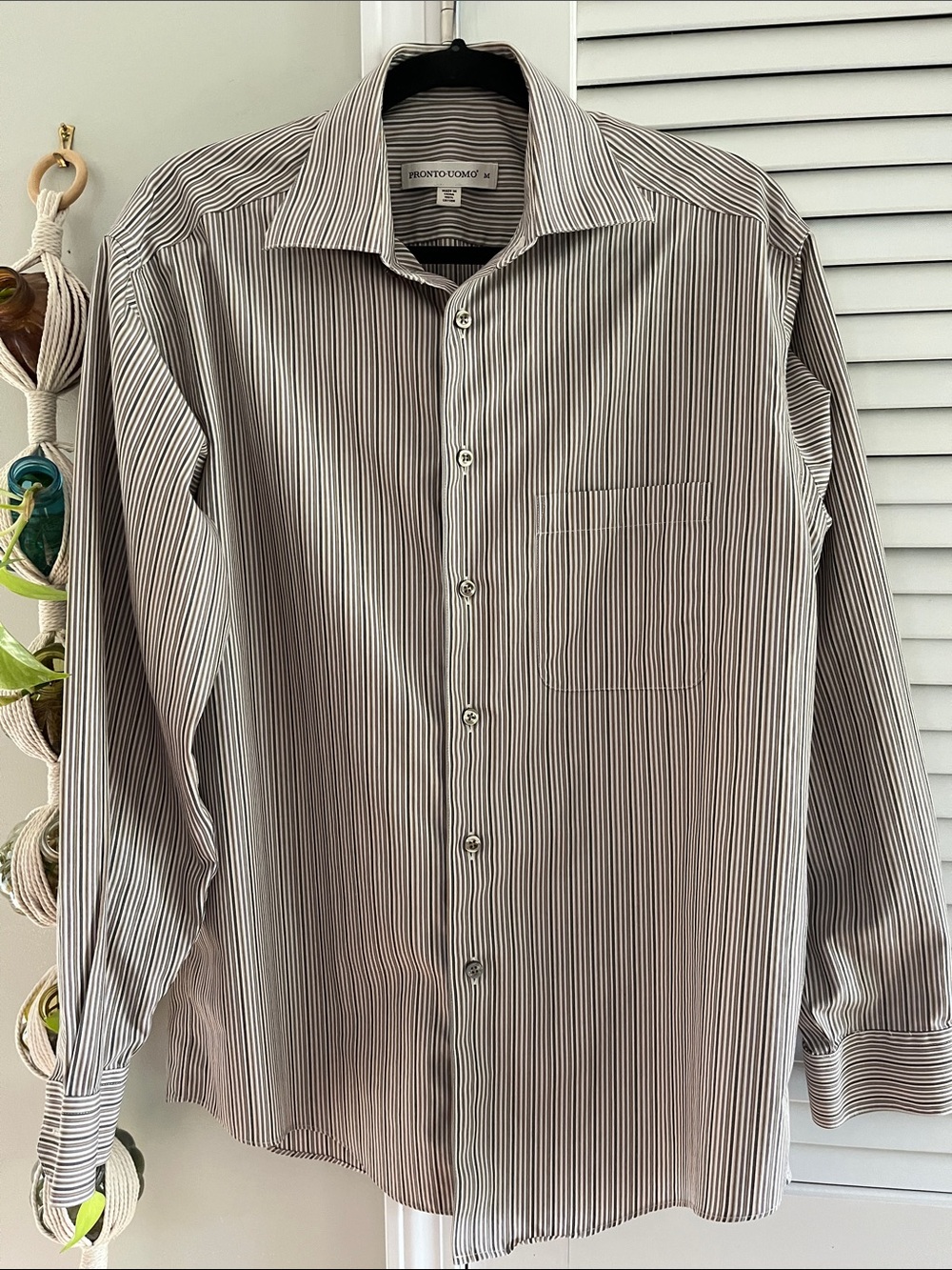 Pronto Uomo Men’s Brown& White Stripe Dress Shirt